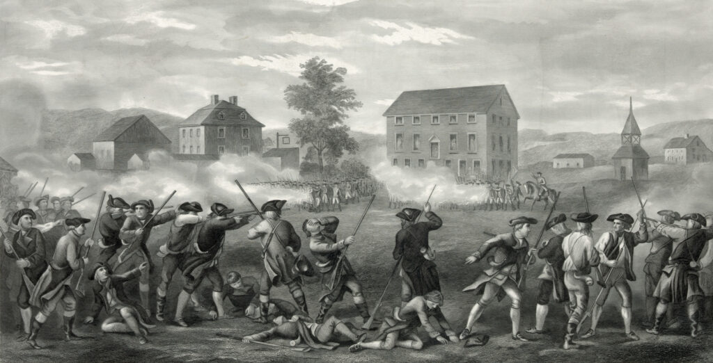 Vintage illustration features the Battle of Lexington and Concord, the first military engagements of the American Revolutionary War. The battles were fought on April 19, 1775 within the towns of Lexington, Concord, Lincoln, Menotomy (present-day Arlington), and Cambridge. They marked the outbreak of armed conflict between Great Britain and its thirteen colonies in America.