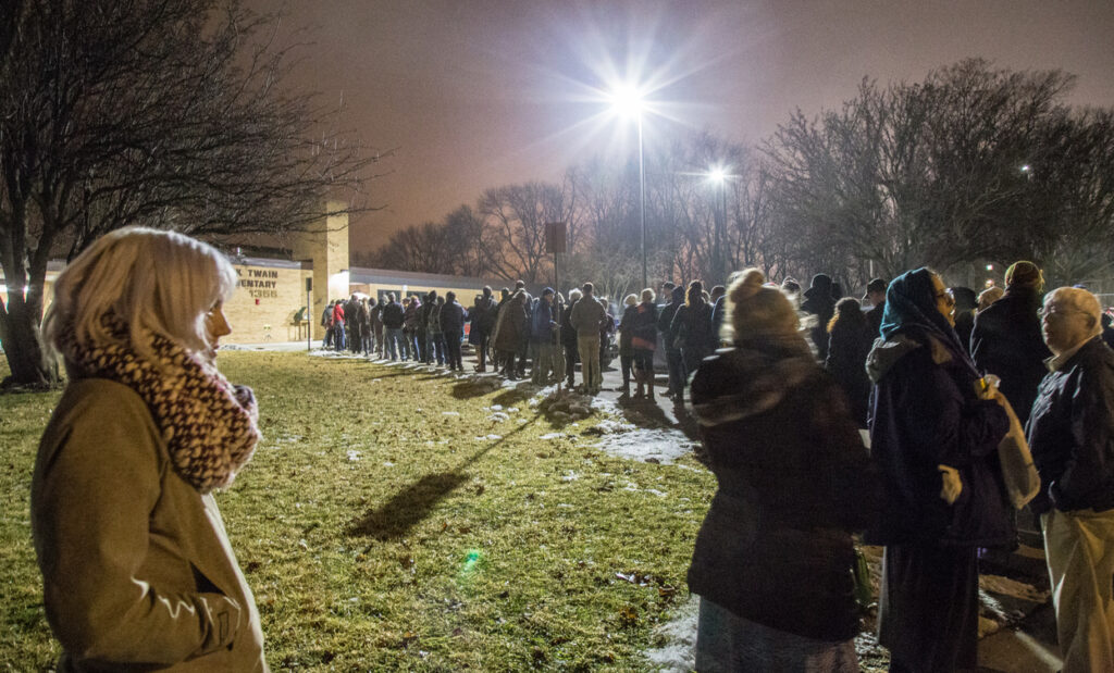 Iowa City, United States- February 1, 2016: Heavy turnout for the 2016 Democratic Iowa Caucus in Precinct 14 at Mark Twain Elementary School in Iowa City, Iowa. 
