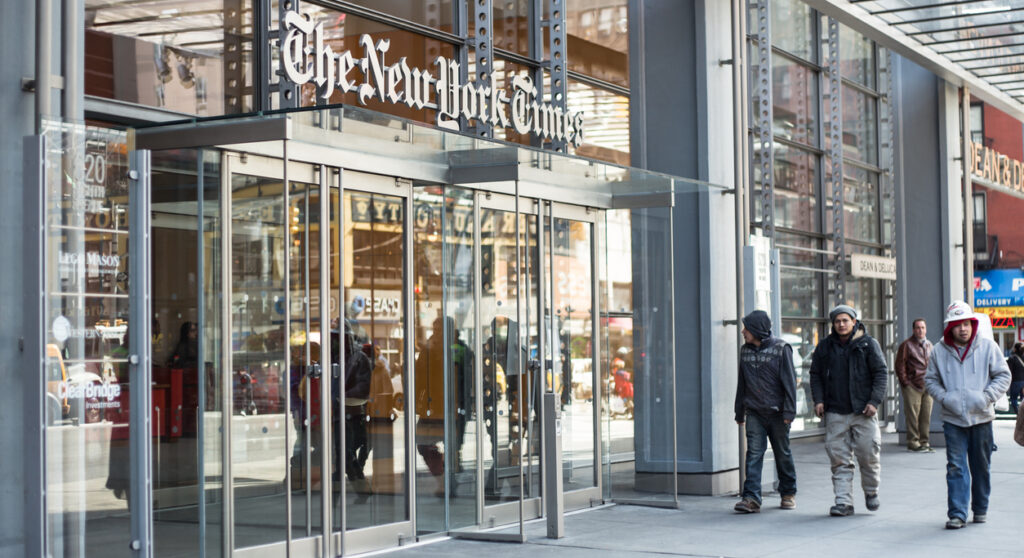 Exterior view of The New York Times headquarters in Manhattan.