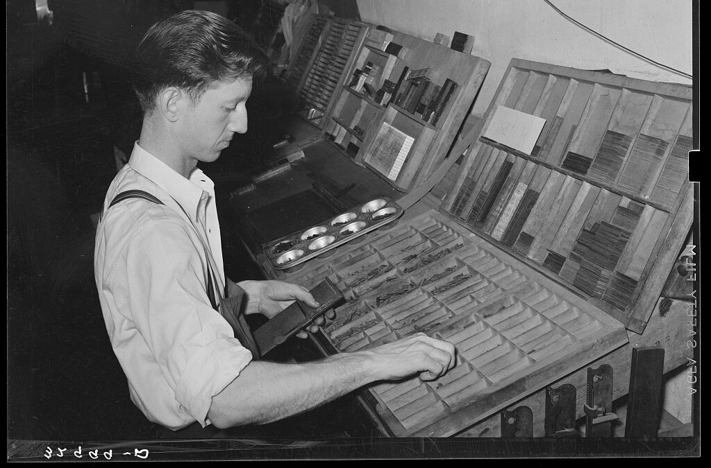 Setting type by hand. Newspaper office. San Augustine, Texas, 1939