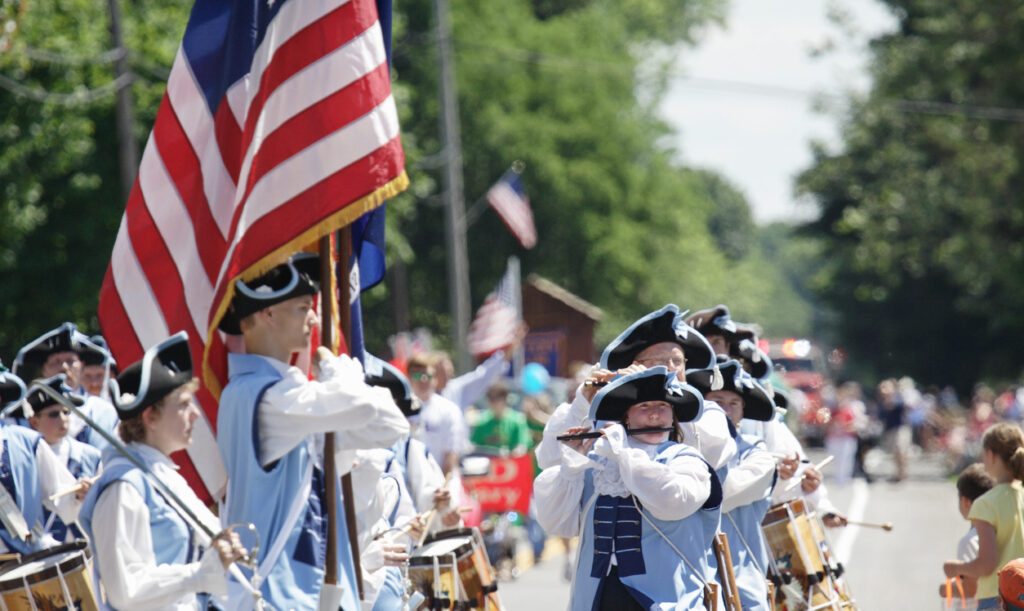 Penfield, New York, USA - July 4th, 2008: Members of the Towpath Volunteers Fife and Drum Corps, from Macedon, NY, marching in the Penfield town Independence Day parade.