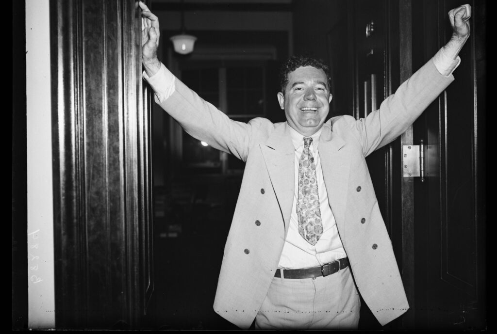 Huey Long after giving a successful five-hour filibuster, about two weeks before his death. (1935) 