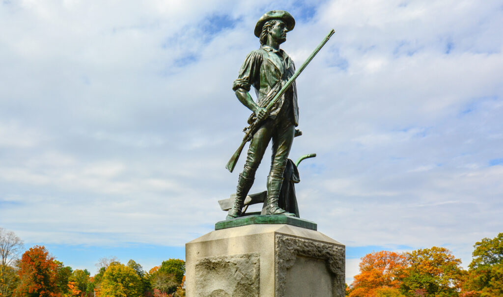The Concord Minute Man of 1775 by Daniel Chester French, erected in 1875 in Concord, Massachusetts. 