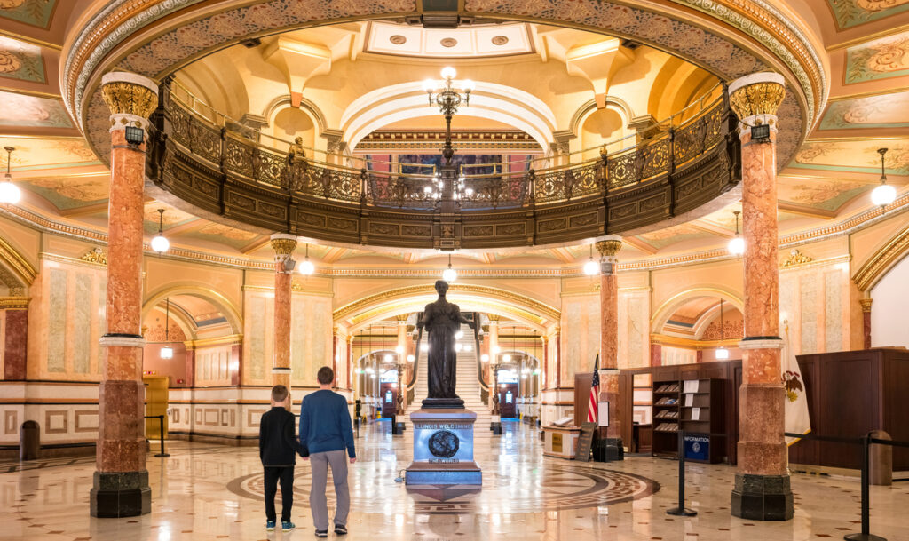 Father and son visit the Illinois State Capitol in Springfield.