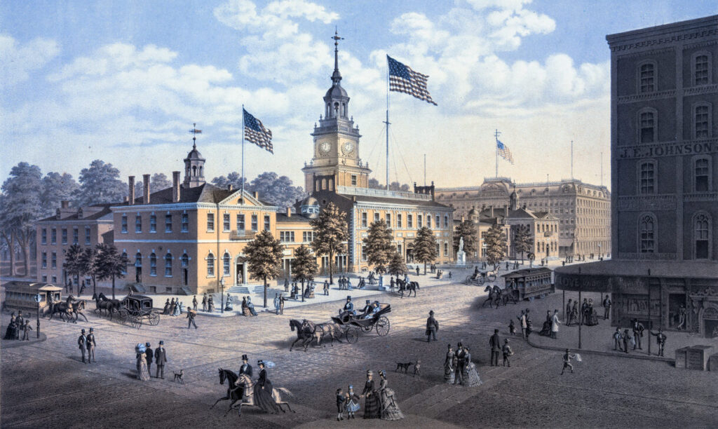 This vintage image by Theodore Poleni features Independence Hall. 