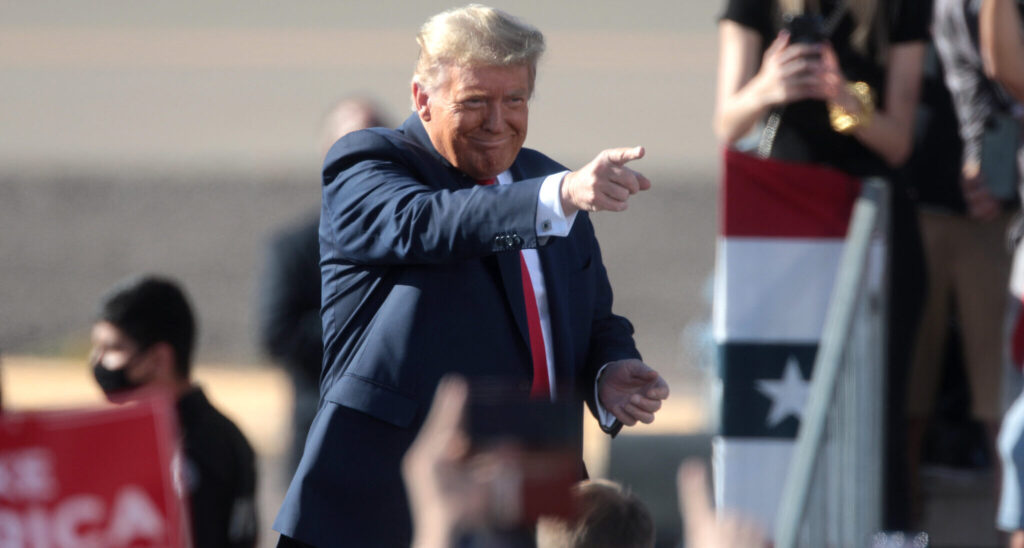 President of the United States Donald Trump speaking with supporters at a 