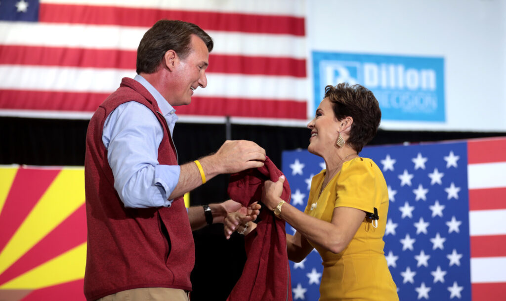 Gov. Glenn Youngkin of Virginia and Kari Lake speaking with supporters at a campaign rally at Dillon Precision in Scottsdale, Arizona. (Photo by Gage Skidmore) 