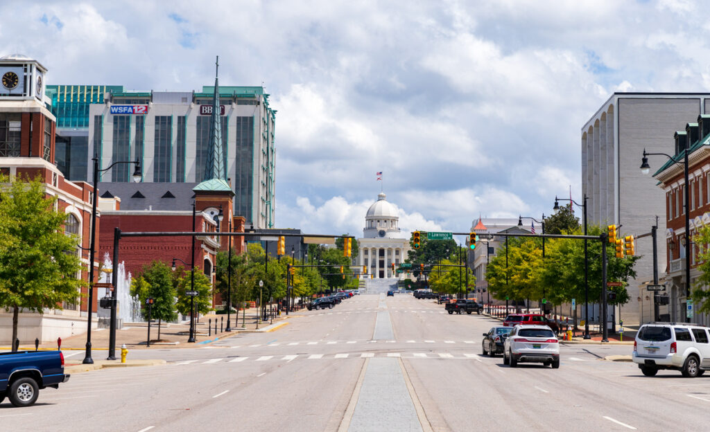 Montgomery, AL / USA - August 27, 2020: Looking up Dexter Ave to the Alabama State Capitol