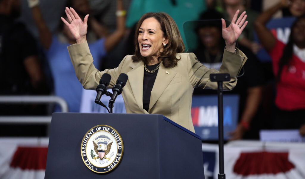 Vice President of the United States Kamala Harris speaking at a campaign rally at Desert Diamond Arena in Glendale, Arizona. (Gage Skidmore)  