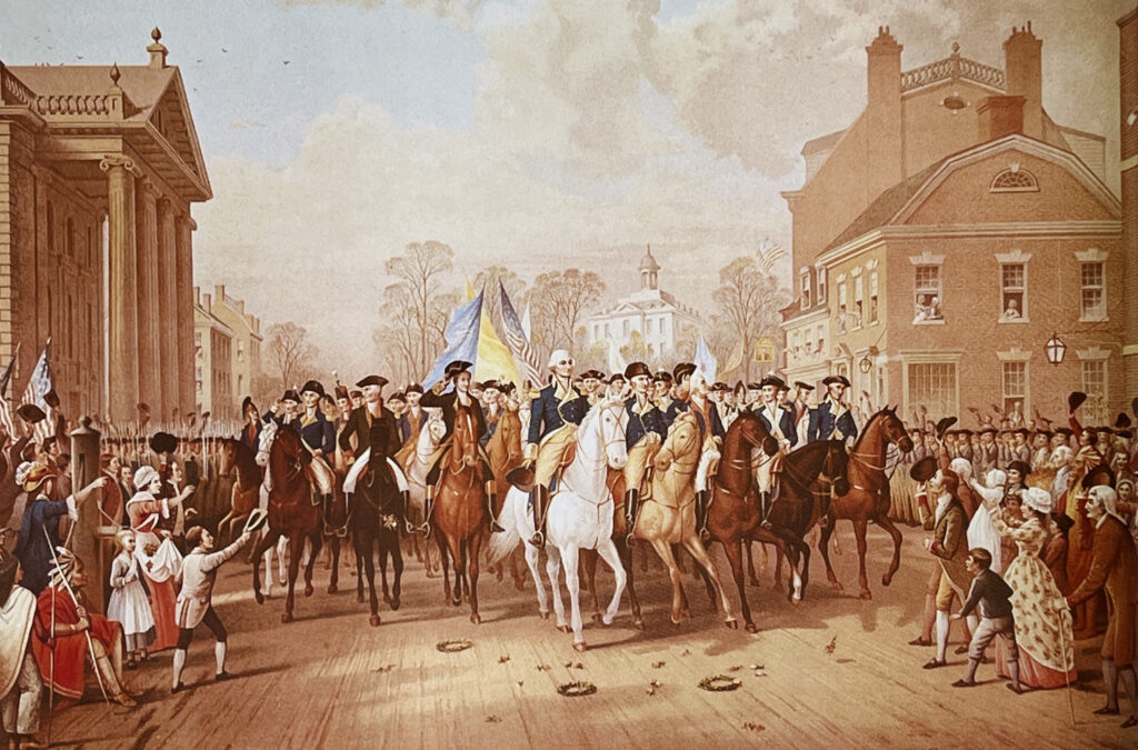 Washington entering NYC in 1783. (Granger) 