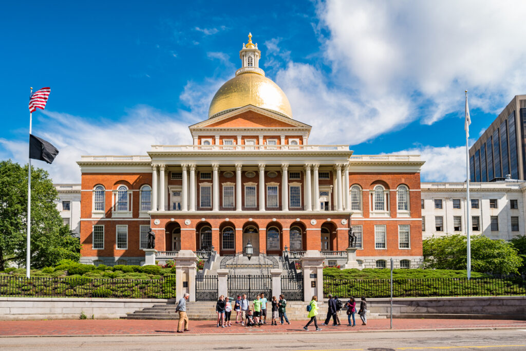Stock photograph of the landmark Massachusetts State House, the state capitol of Massachusetts, USA, located in downtown Boston.