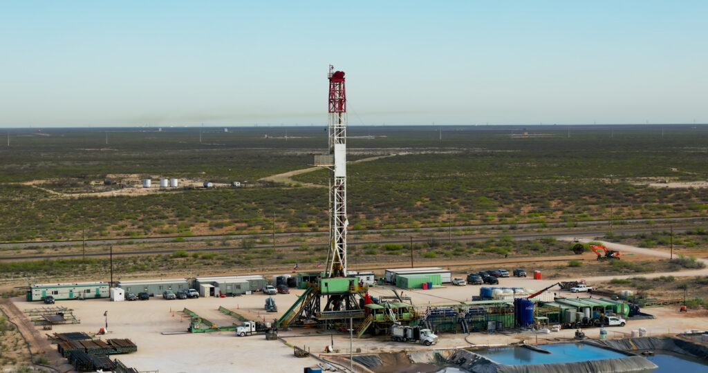 Aerial shot of gas wells near Pyote, Texas in the Permian Basin.