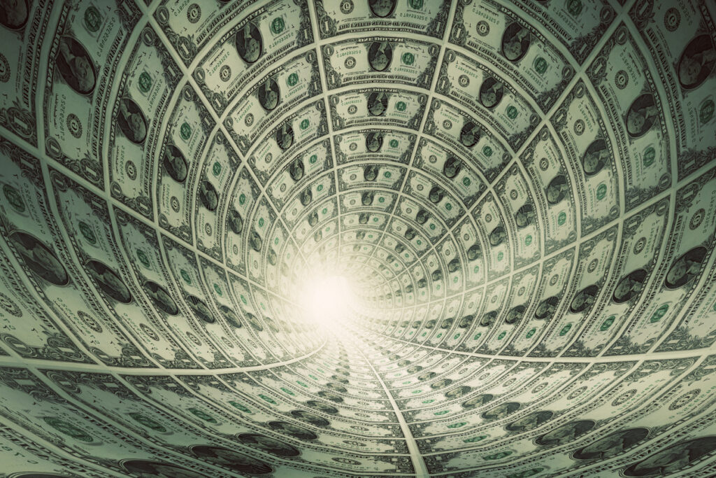 Tunnel of money, dollars towards light.